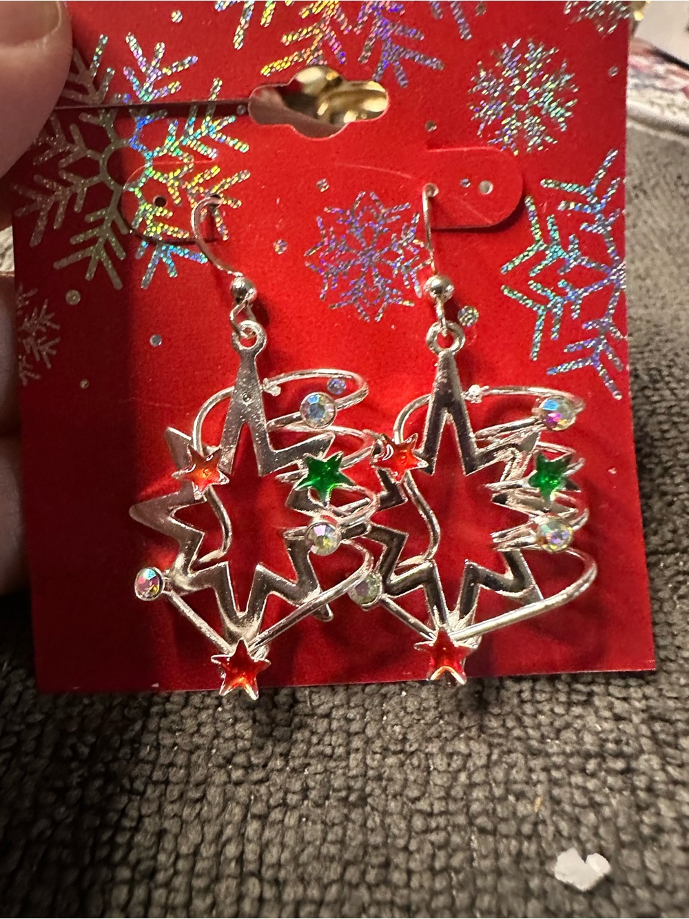 Kohl's Silver Star Earrings with Red & Green Gems
